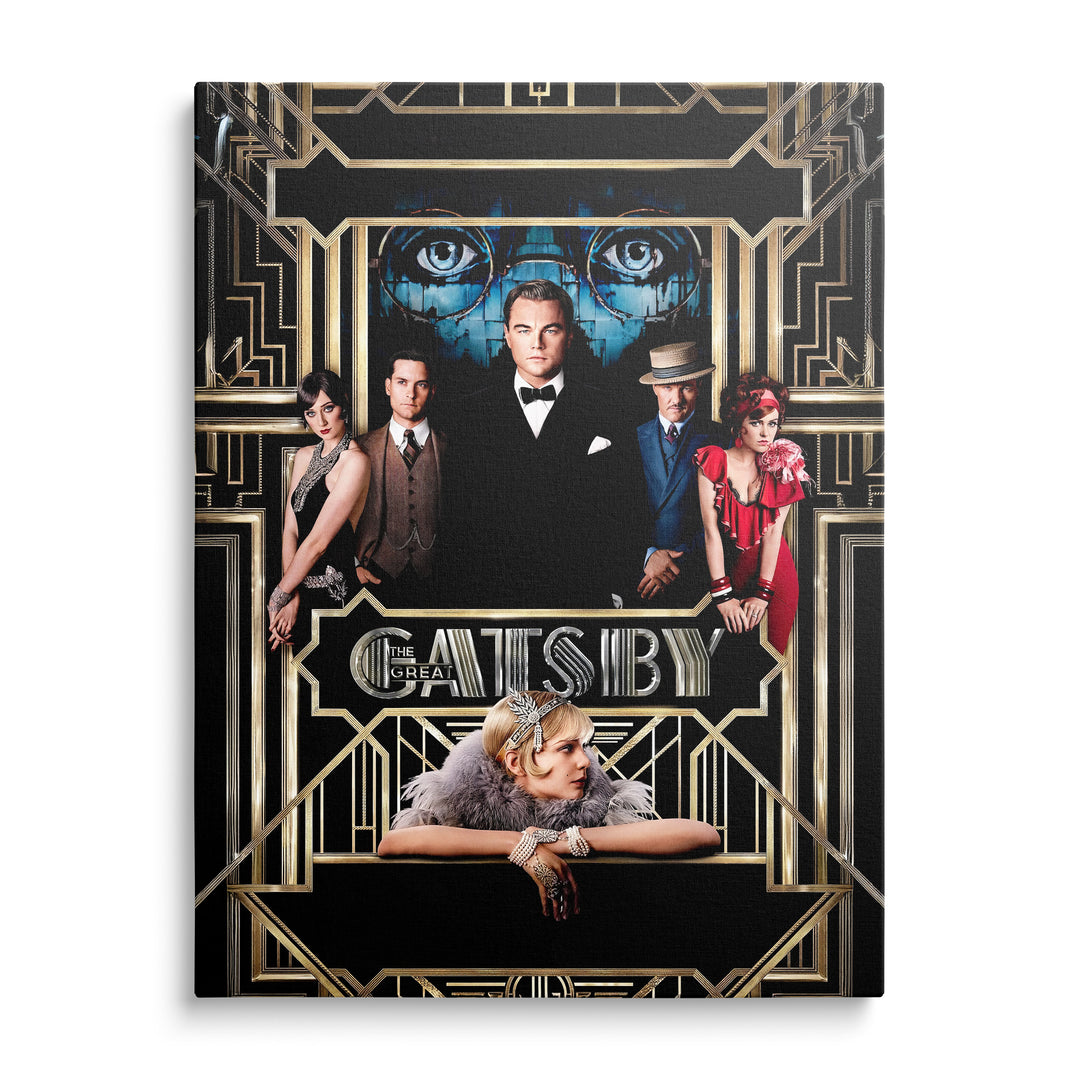 Portréty postav filmu Velký Gatsby v dekorativním zlatém geometrickém rámu na černém pozadí.