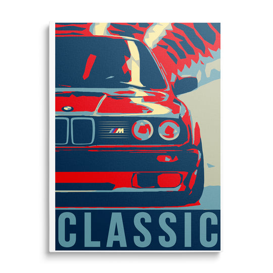 Detail přední masky klasického BMW v modré, červené a krémové pop art grafice s nápisem Classic.