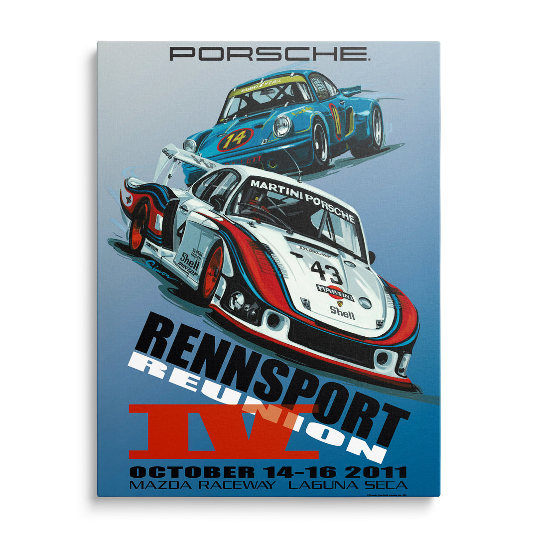 Malované závodní vozy Porsche na modrém plakátu s nápisem Rennsport Reunion IV a údaji o závodu v Laguna Seca.