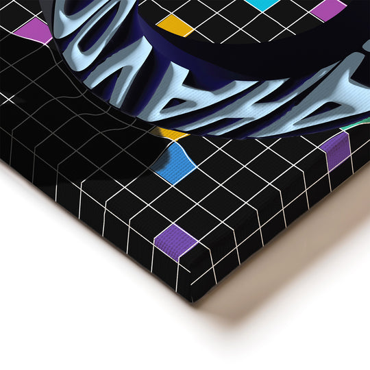 Detail rohu motivačního obrazu s výraznou texturou plátna, 3D nápisem HUSTLE a černobílou grid grafikou