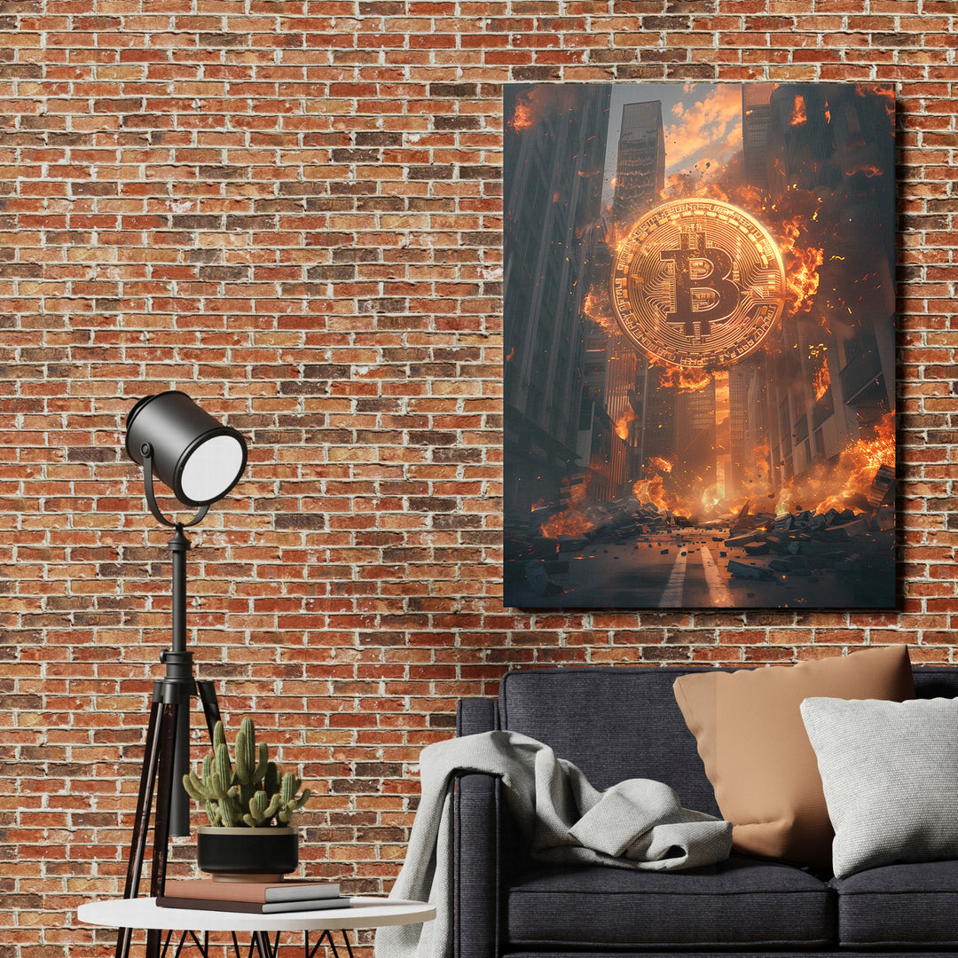 Motivační obraz na zeď s hořícím bitcoinem v městské uličce, moderní crypto art v interiéru