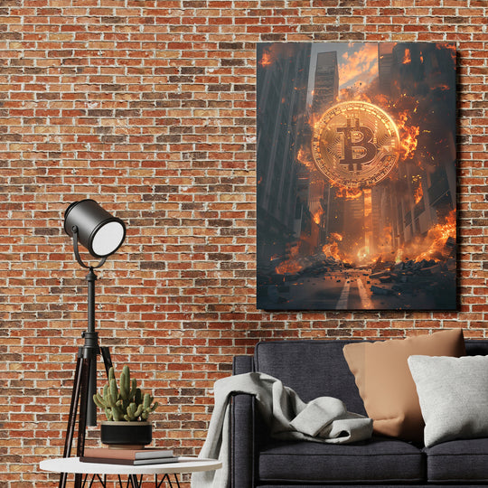 Motivační obraz na zeď s hořícím bitcoinem v městské uličce, moderní crypto art v interiéru