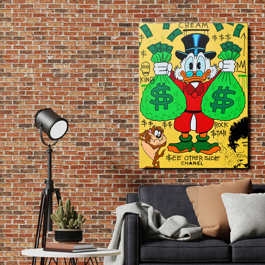 Motivační pop art obraz na plátně s Kačerem Skrblíkem a dolarovými motivy v moderním obýváku