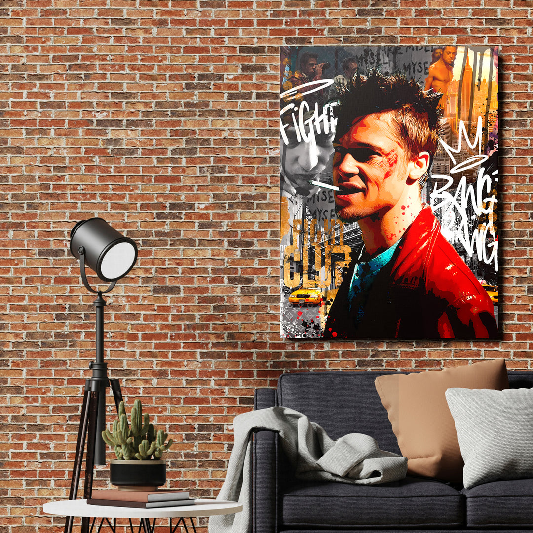 Pop art obraz bojovníka s městskou grafikou a street art detaily jako motivační obraz do obývacího pokoje