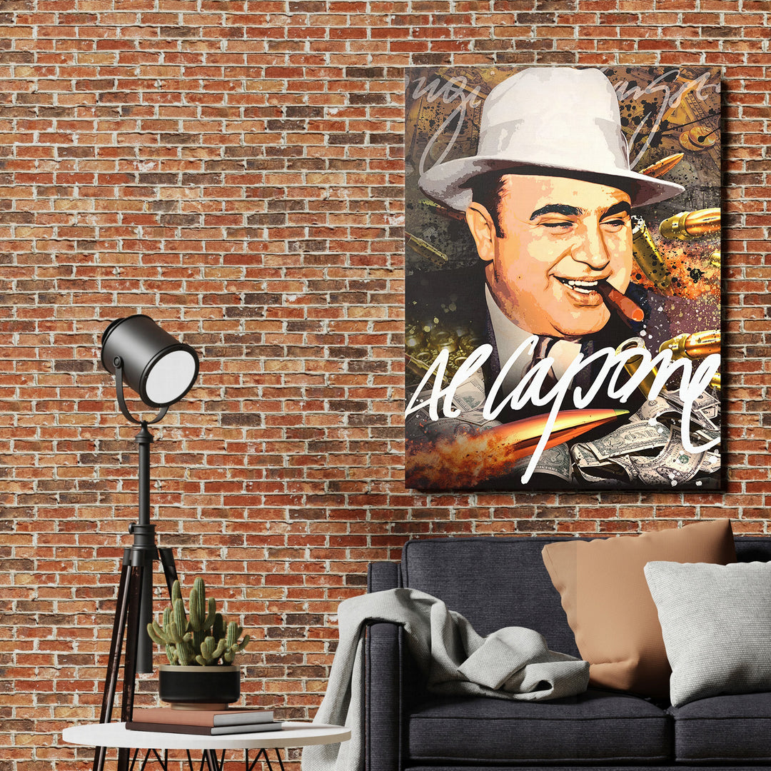 Motivační obraz na plátně s pop art portrétem Al Capone, dolarovými bankovkami a kulkami na cihlové zdi
