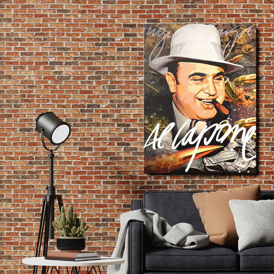 Motivační obraz na plátně s pop art portrétem Al Capone, dolarovými bankovkami a kulkami na cihlové zdi