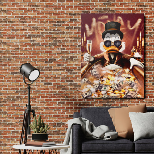 Luxusní pop art obraz na plátně s bohatým kačerem, dolarovými bankovkami a šampaňským v moderním obýváku