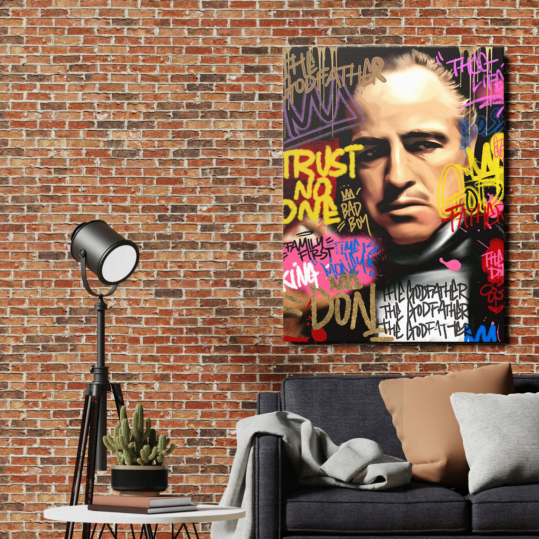 Pop art obraz The Godfather jako graffiti portrét s nápisem Trust No One, motivační obraz na zeď do obýváku