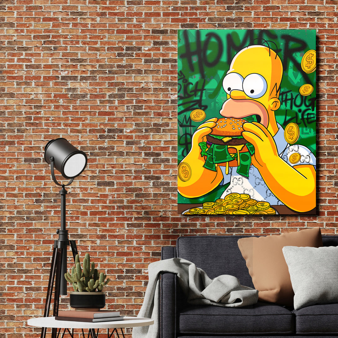 Motivační pop art obraz na zeď s Homérem Simpsonem žvýkajícím peněžní burger na cihlovém pozadí