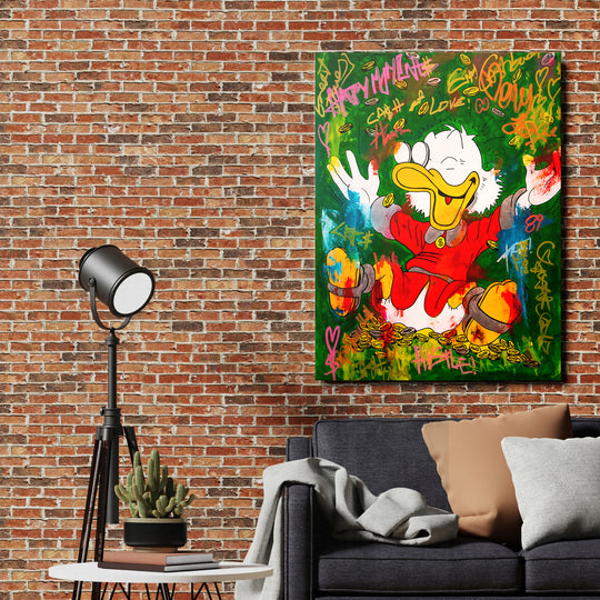 Pop art obraz Donalda s létajícími zlatými mincemi na cihlové zdi, motivační obraz na plátně
