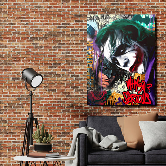 Motivační pop art obraz na plátně s koláží Batmana a Jokera v obývacím pokoji
