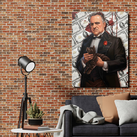 Pop art obraz na zeď s mafiánským portrétem, bankovkami a kočkou nad pohovkou a stojací lampou