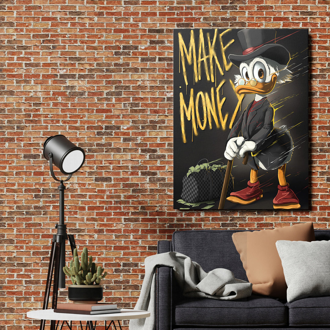 Motivační obraz na zeď s graffiti nápisem MAKE MONEY a kreslenou kachnou u luxusní značkové tašky