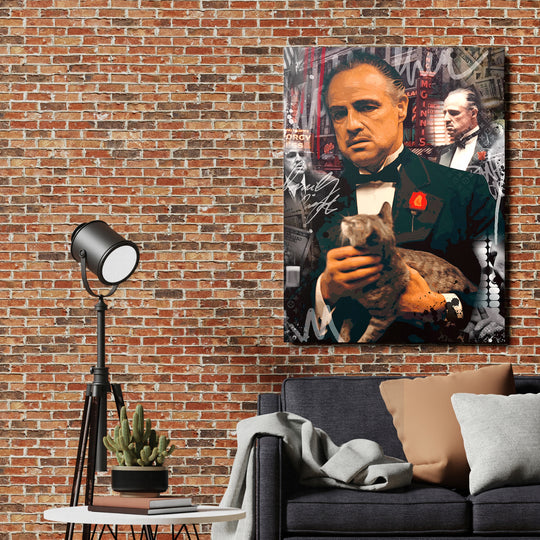 Pop art obraz na zeď v obýváku s gangstrem držícím kočku a neonovými prvky lifestyle stylu