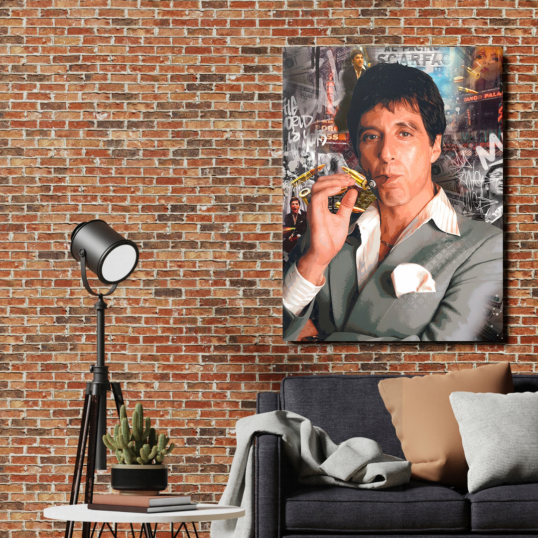 Motivační pop art obraz na plátně s portrétem muže s doutníkem obklopeného kulkami a penězi