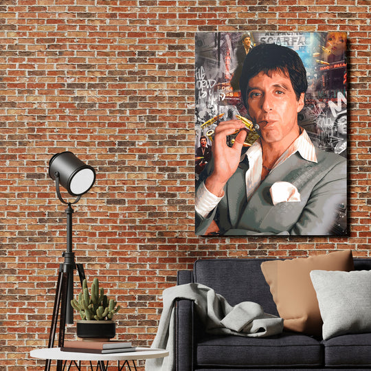 Motivační pop art obraz na plátně s portrétem muže s doutníkem obklopeného kulkami a penězi