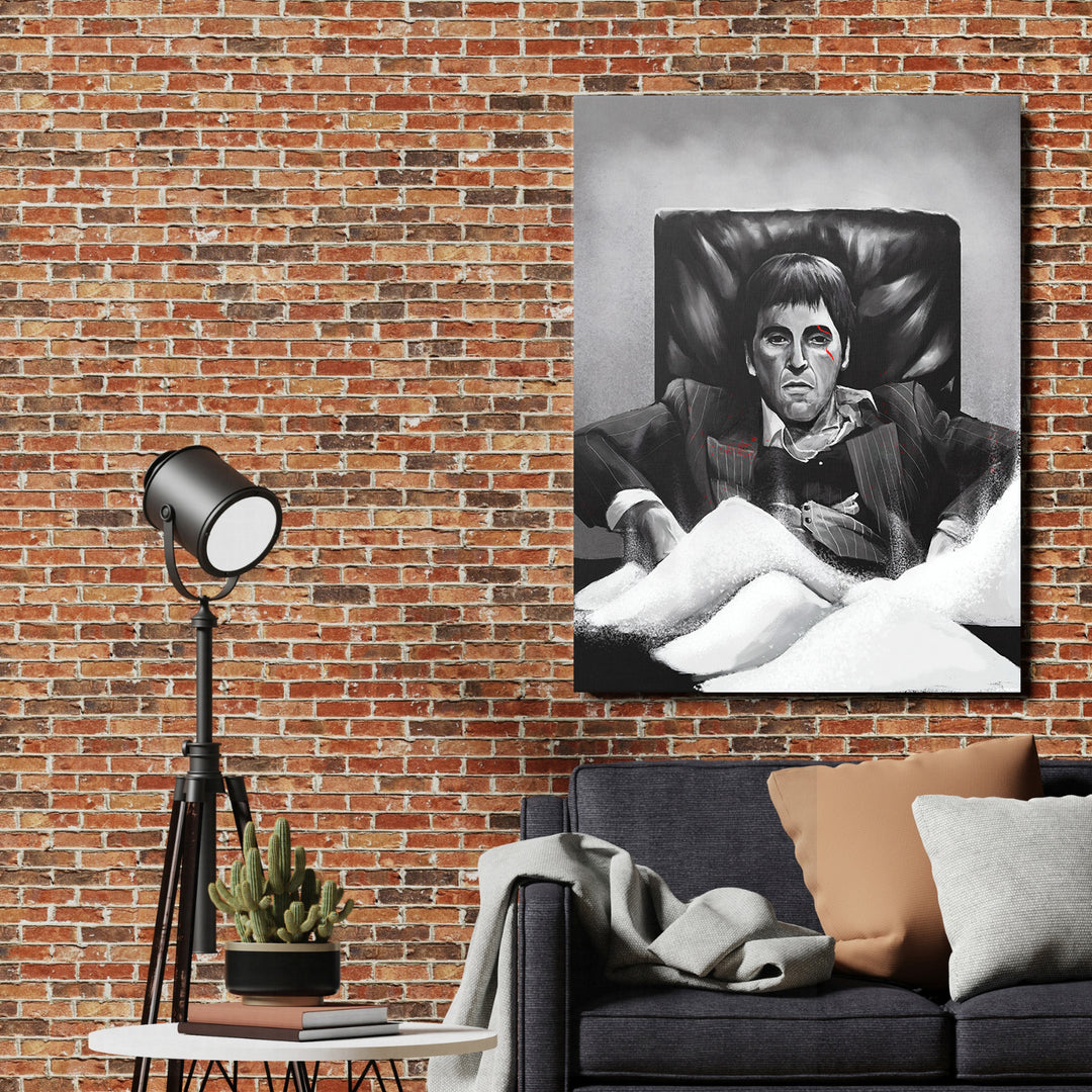 Pop art obraz gangstera ve stylu street art jako motivační obraz v obývacím pokoji vedle stohu bílé látky