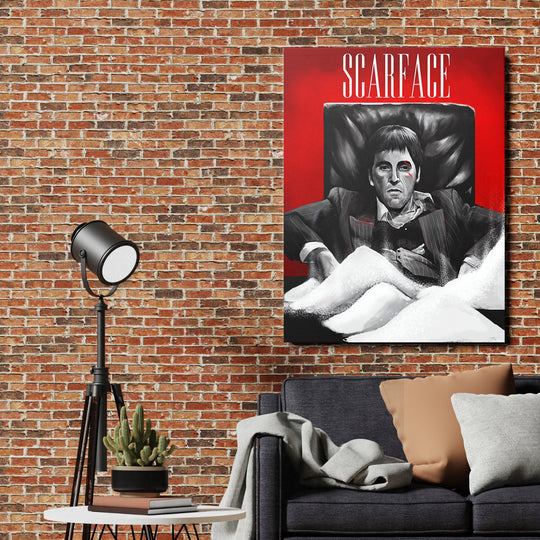 Motivační obraz na plátně Scarface na cihlové zdi v obýváku, filmový pop art portrét