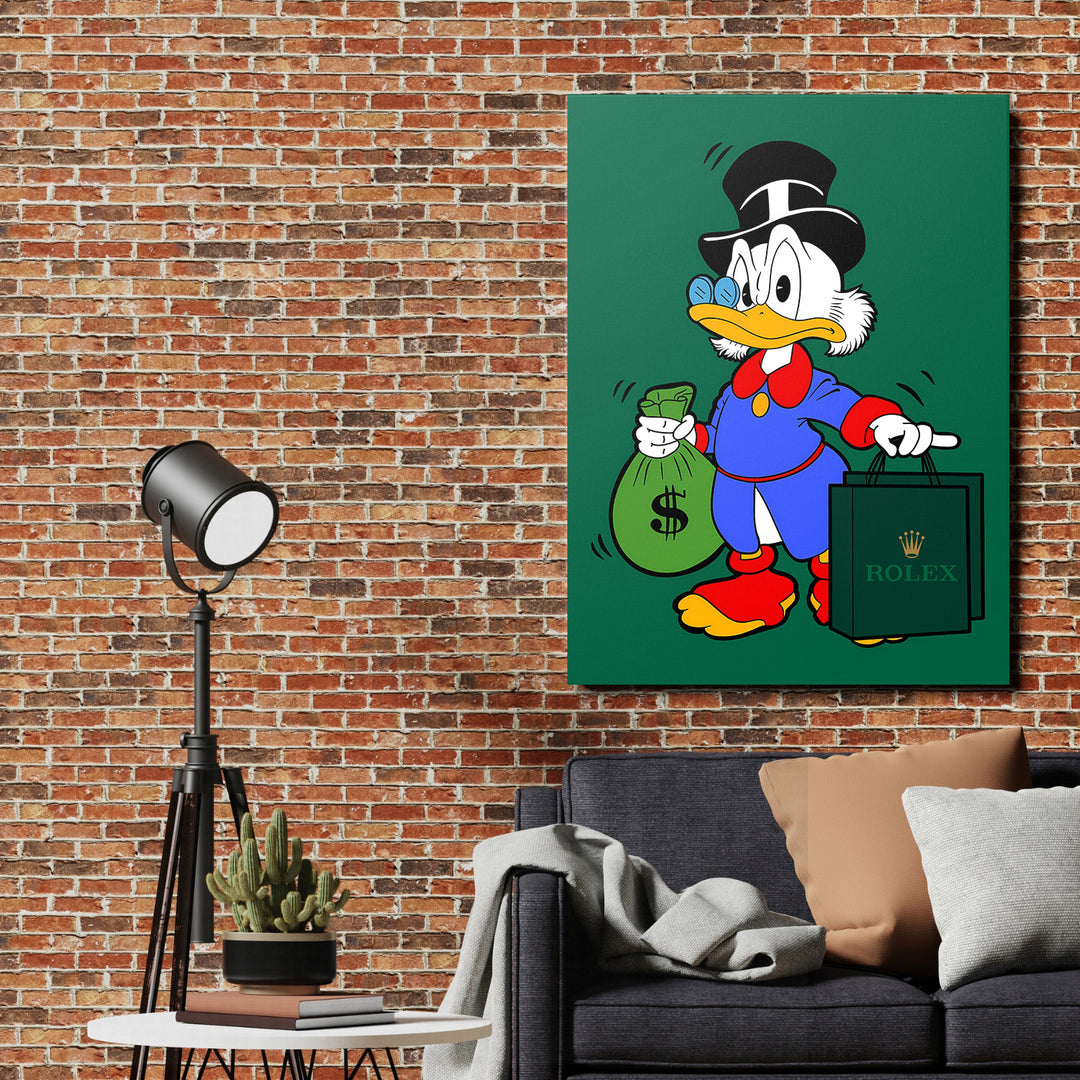 Motivační pop art obraz na plátně s kačerem, pytlem peněz a nákupní taškou Rolex v obývacím pokoji
