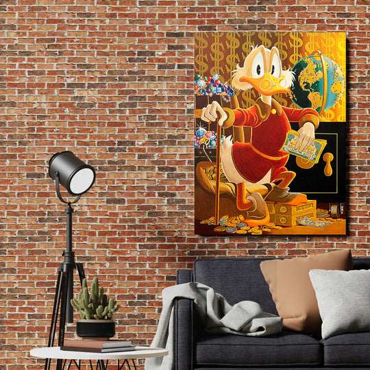 Luxusní pop art obraz na zeď s Kačerem Skrblíkem, dolary a mincemi v výrazných barvách