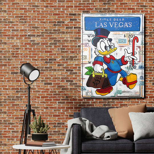 Motivační pop art obraz na zeď s kačerem v klobouku, kufříkem peněz a nápisem Las Vegas