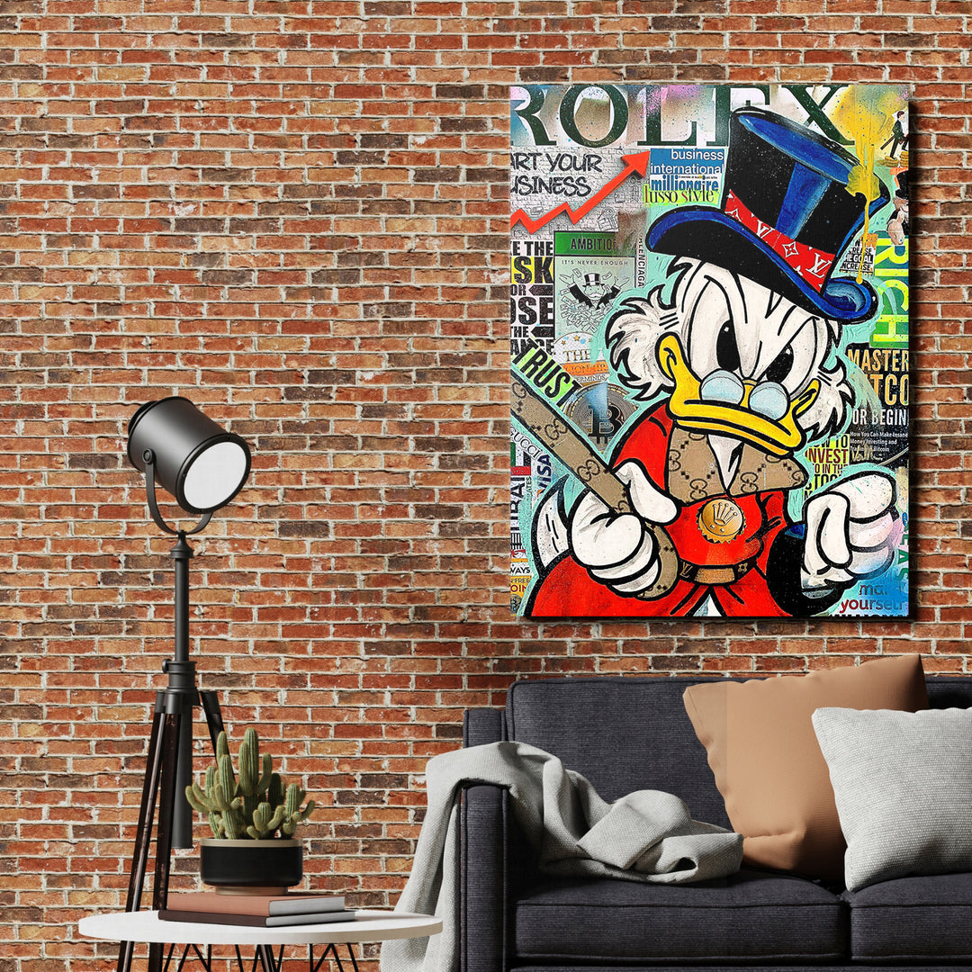 Motivační obraz na zeď s pop-art Kačerem Skrblíkem, investičními symboly a detaily luxusního životního stylu