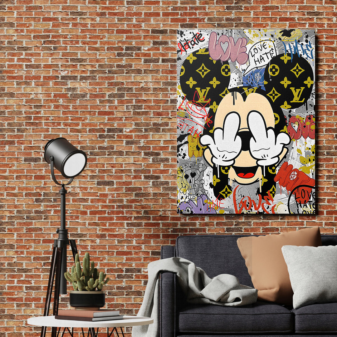 Motivační obraz na plátně do obýváku, graffiti Mickey, pop art LV vzor a bublinový citát love hate
