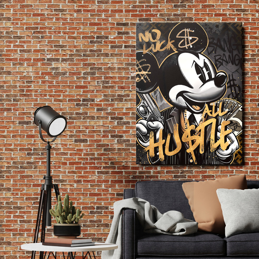 Motivační pop art obraz na zeď do obýváku s Mickey Mouse, graffiti dolarovým symbolem a nápisem Hustle