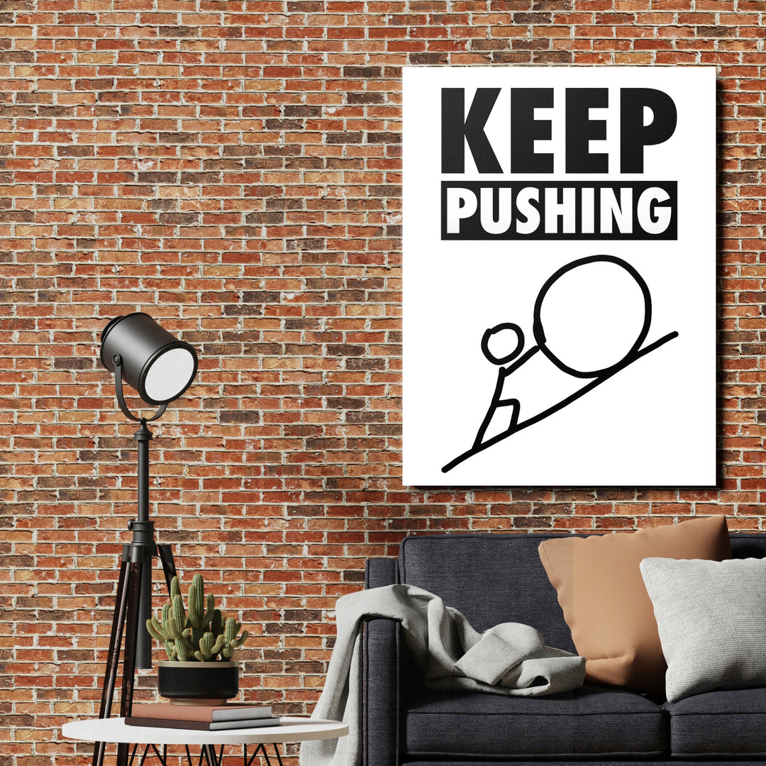 Motivační obraz na zeď KEEP PUSHING s minimalistickou kresbou postavy tlačící balvan