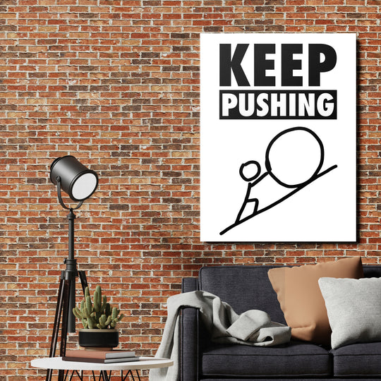 Motivační obraz na zeď KEEP PUSHING s minimalistickou kresbou postavy tlačící balvan