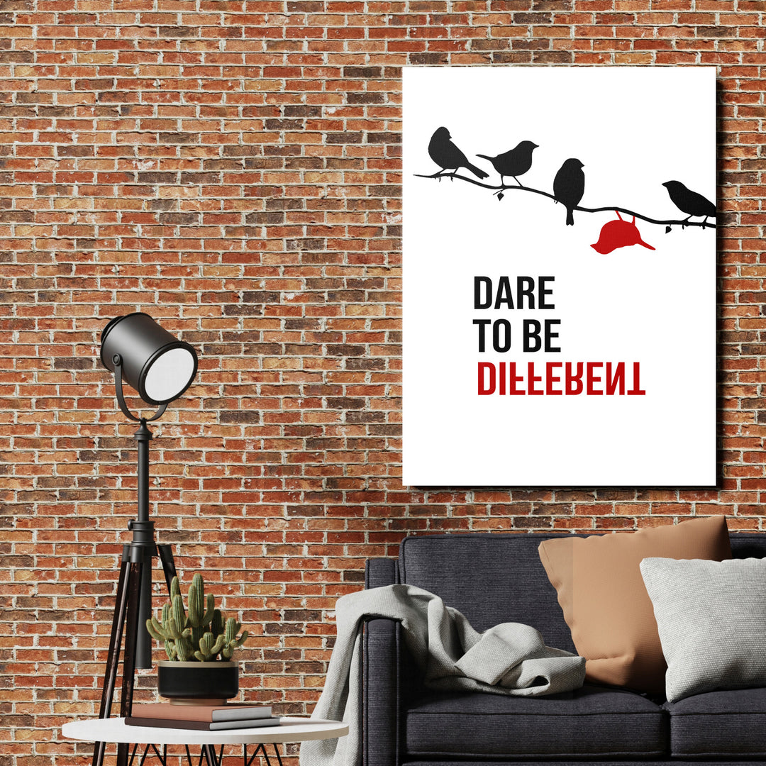 Motivační obraz na zeď s minimalistickými ptáky, červenou kšiltovkou a citátem na cihlové stěně