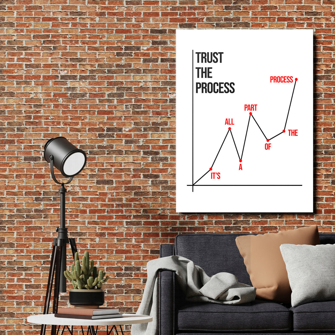 Motivační obraz na zeď s minimalistickým grafem a citátem „Trust the Process“ v loftovém obýváku