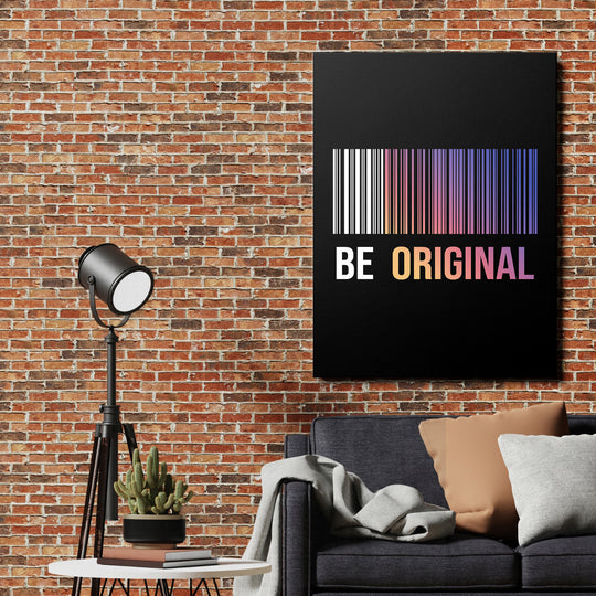 Motivační obraz na plátně BE ORIGINAL s barevným čárovým kódem na cihlové zdi, moderní pop art