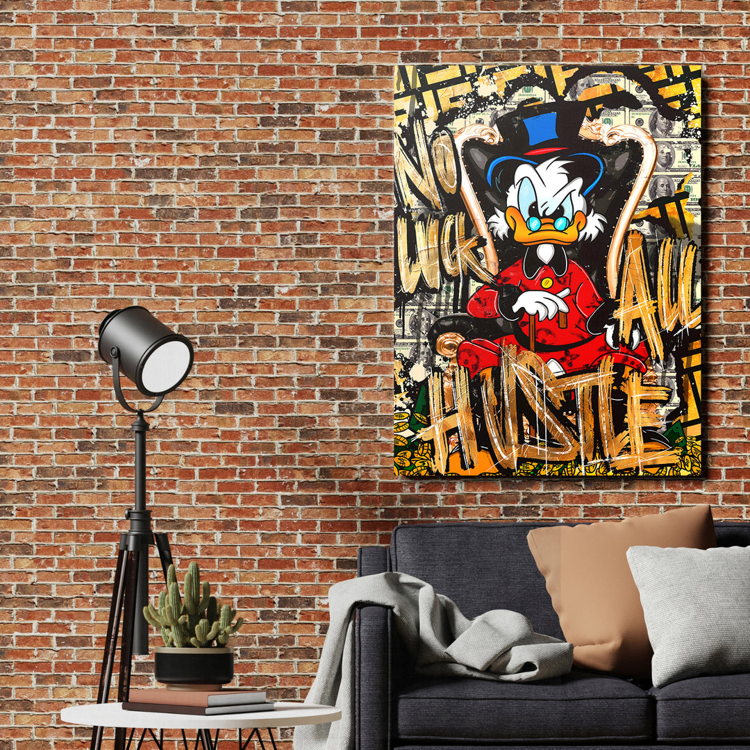 Motivační pop art obraz na zeď s Kačerem Skrblíkem obklopeným dolary a graffiti v obýváku