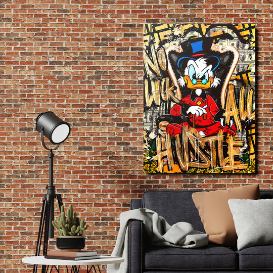 Motivační pop art obraz na zeď s Kačerem Skrblíkem obklopeným dolary a graffiti v obýváku