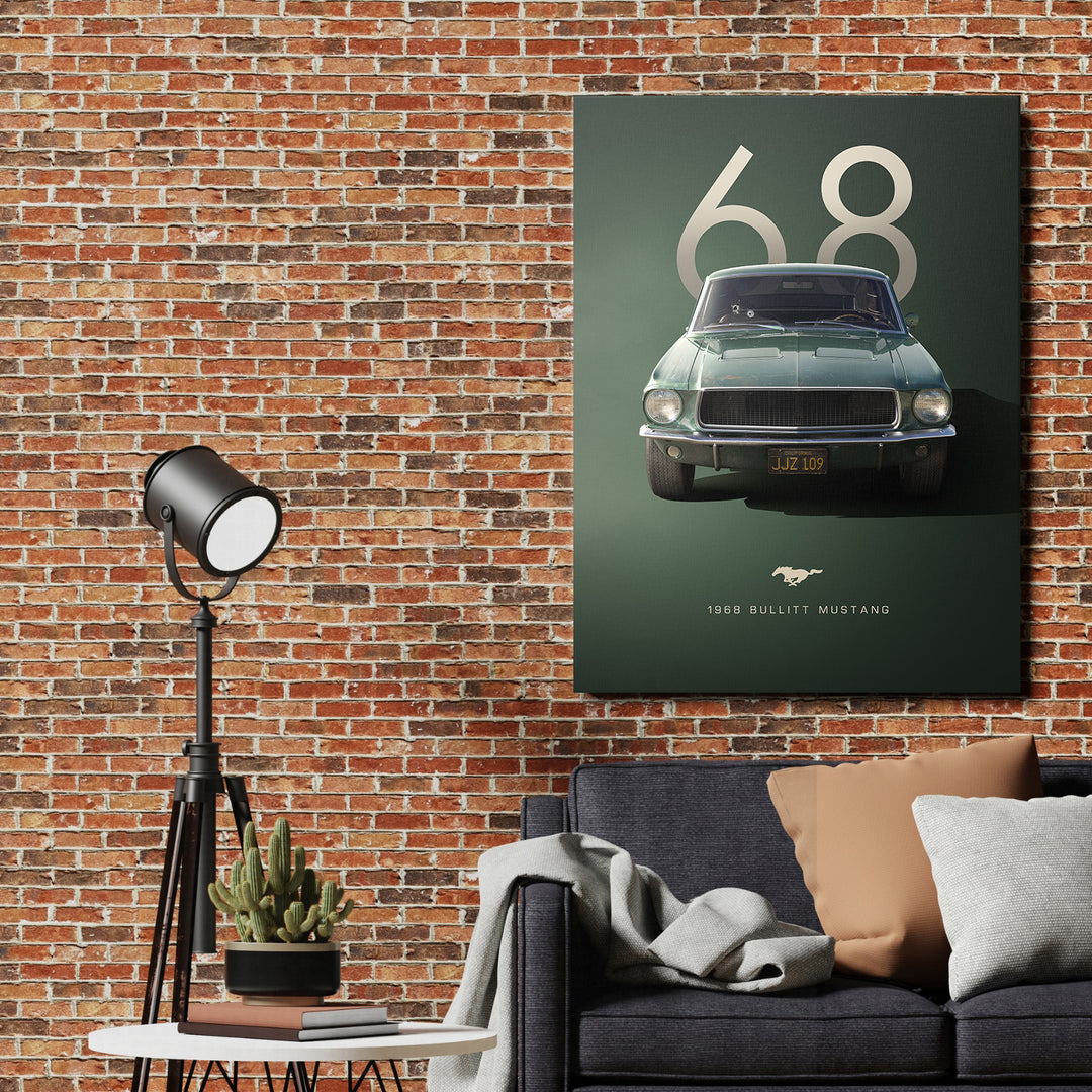 Motivační obraz na zeď s retro Ford Mustang 1968 v industriálním obýváku, vintage auto dekor