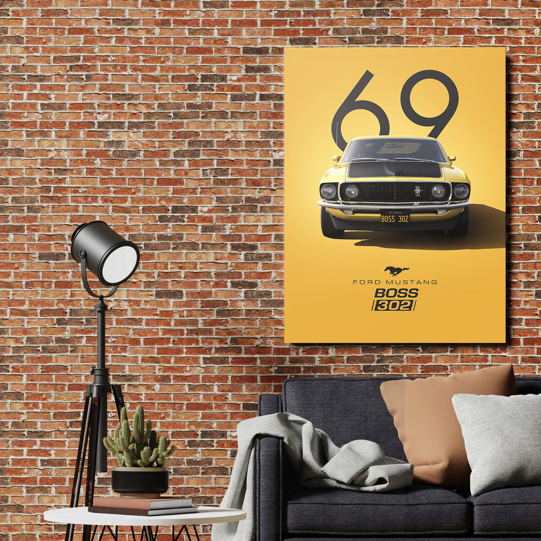 Motivační obraz na zeď s retro Ford Mustang Boss 302 číslo 69 před cihlovou stěnou