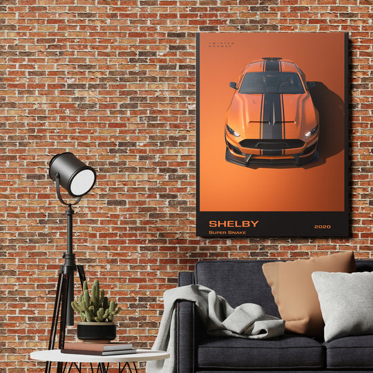 Motivační obraz na zeď s oranžovým sportovním autem Shelby na cihlové zdi v industriálním obýváku