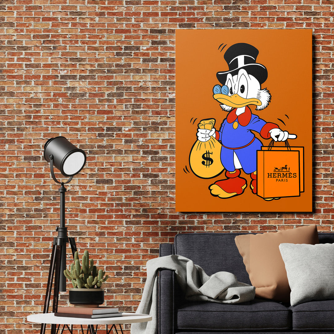 Motivační pop art obraz na zeď s kačerem, pytlem peněz a kabelkou Hermès v industriálním interiéru