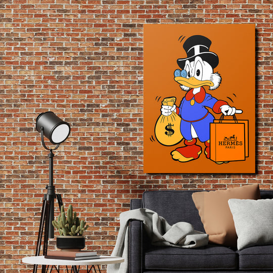 Motivační pop art obraz na zeď s kačerem, pytlem peněz a kabelkou Hermès v industriálním interiéru