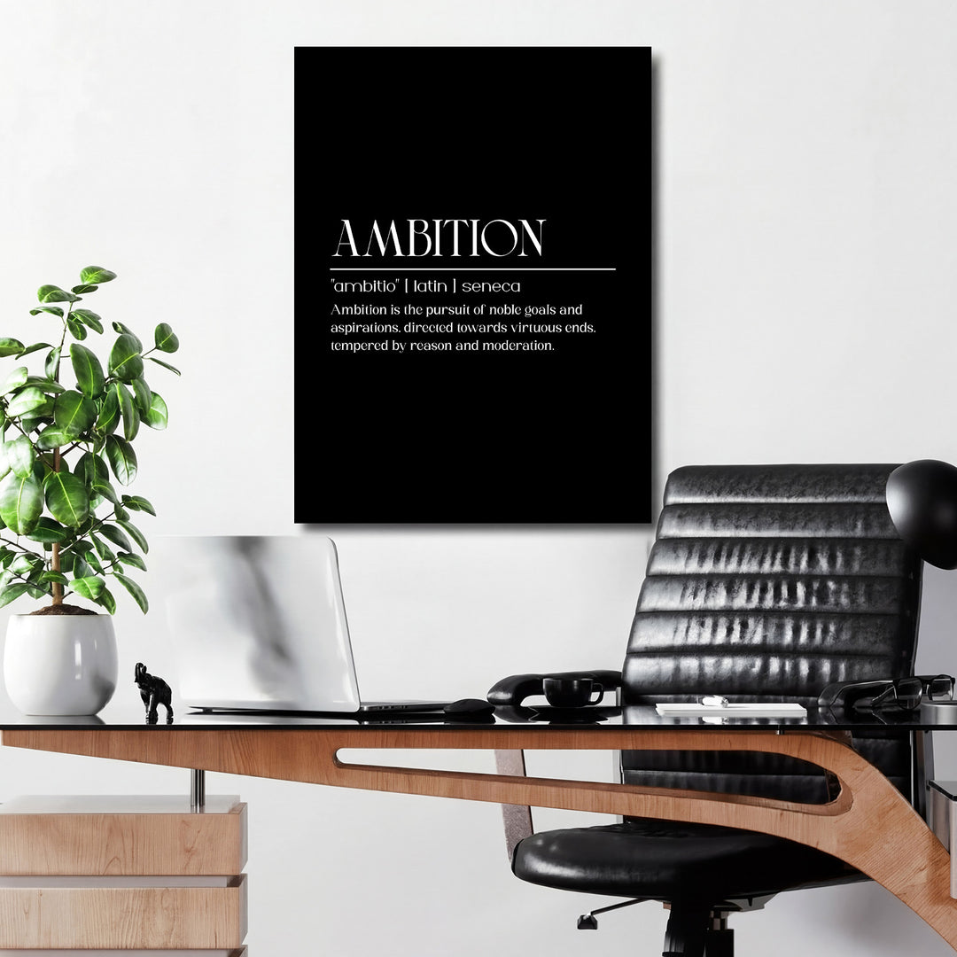 Motivační obraz na zeď s černobílým citátem Senecy „Ambition“ v moderní kanceláři