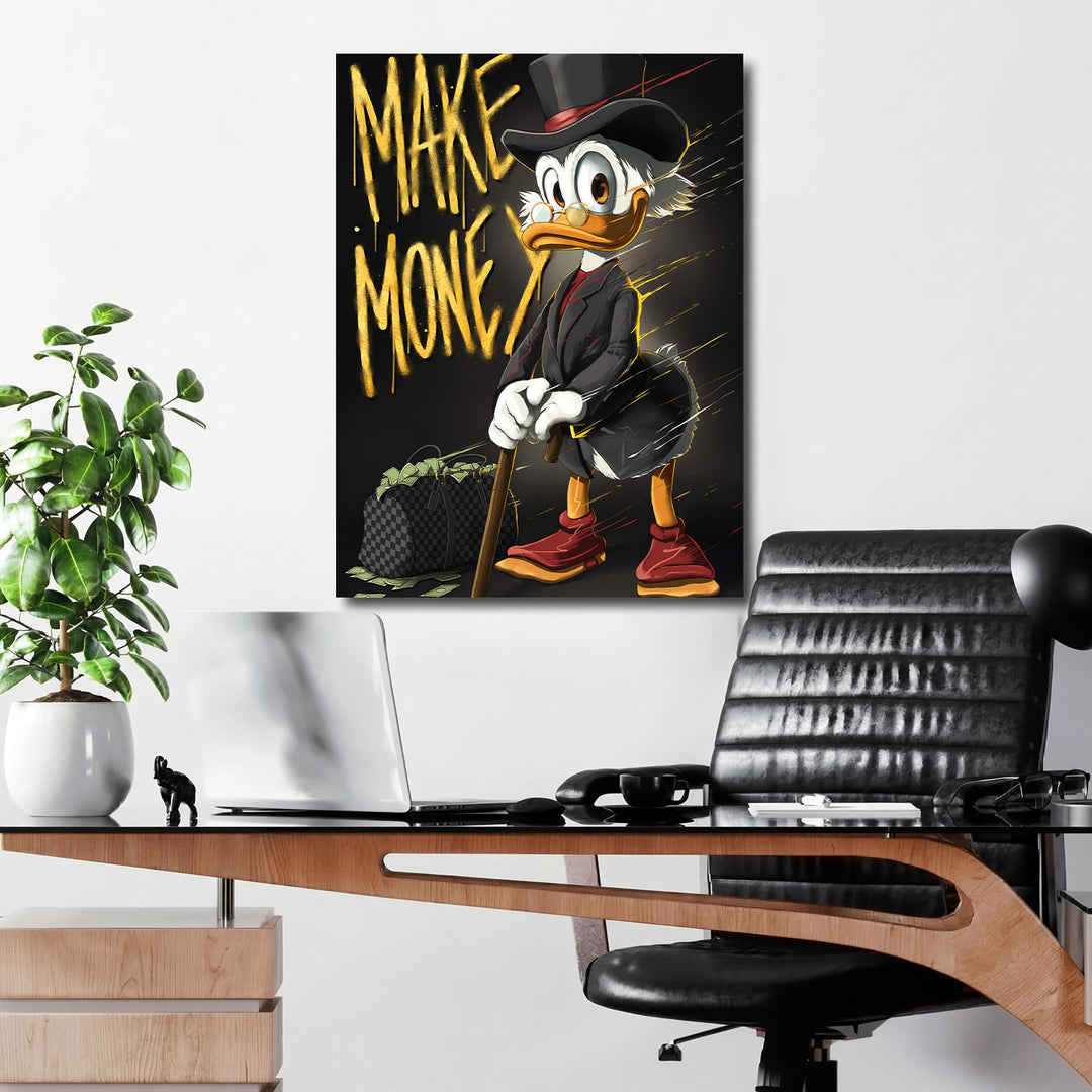 Motivační pop art obraz na zeď s Kačerem Skrblíkem, graffiti nápisem MAKE MONEY a motivem peněz