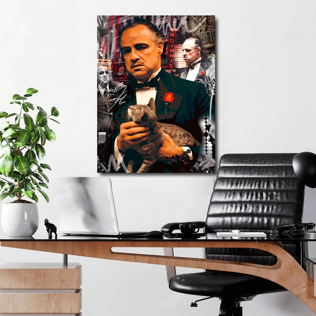 Motivační pop art obraz na plátně s koláží Kmotr a kočka v moderní kanceláři