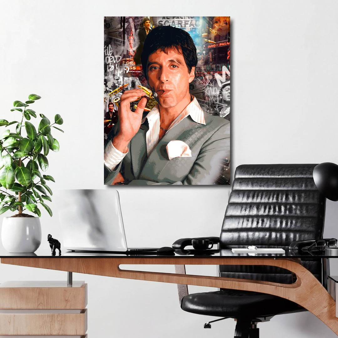 Motivační pop art obraz na plátně Scarface v kanceláři, portrét s kulkami, bankovkami a graffiti background