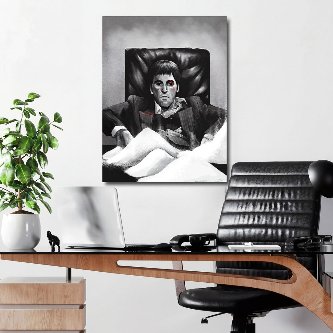 Motivační pop art obraz na plátně s černobílým gangsterem a červenými akcenty v kanceláři