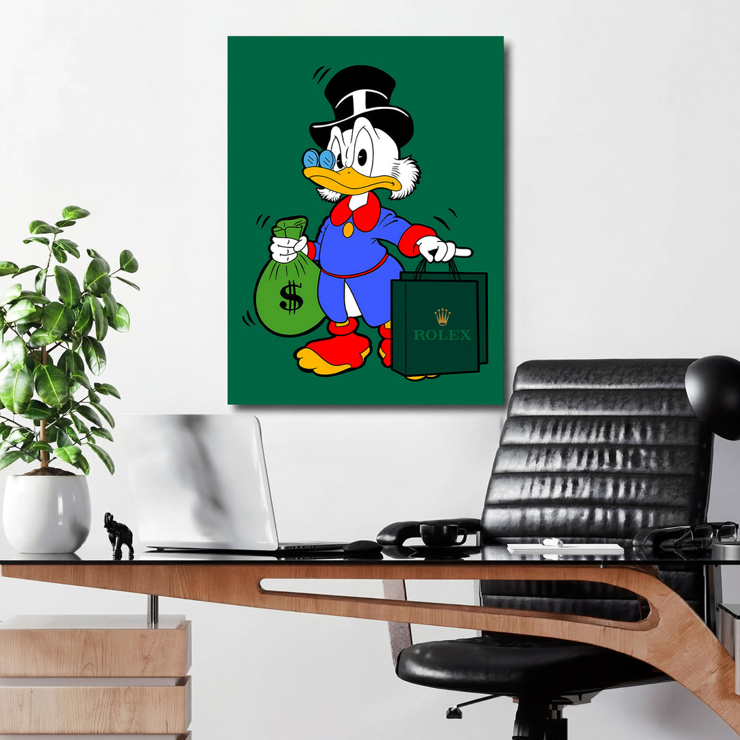 Motivační pop art obraz na plátně Kačer Skrblík s pytlem dolarů a taškami Rolex v moderní kanceláři
