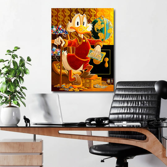 Motivační obraz na plátně s Kačerem Skrblíkem a zlatým pokladem z mincí v kanceláři, pop art styl