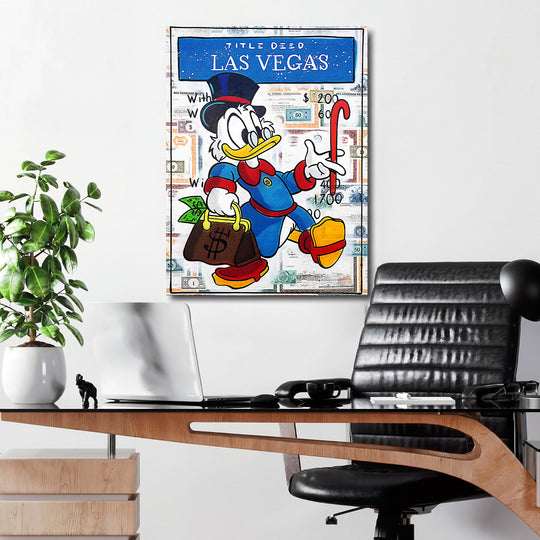 Pop art obraz na zeď do kanceláře s kačerem, taškou peněz a nápisem Las Vegas, motivační lifestyle motiv