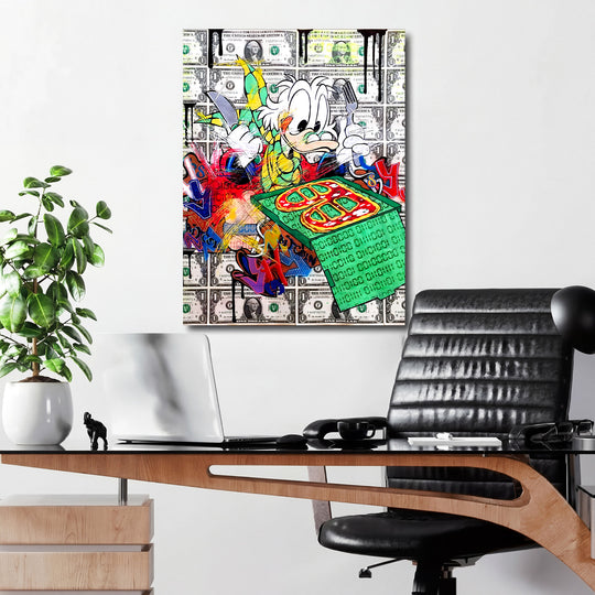 Pop art obraz na plátně v kanceláři s kachnou krájící pizzu na pozadí dolarových bankovek