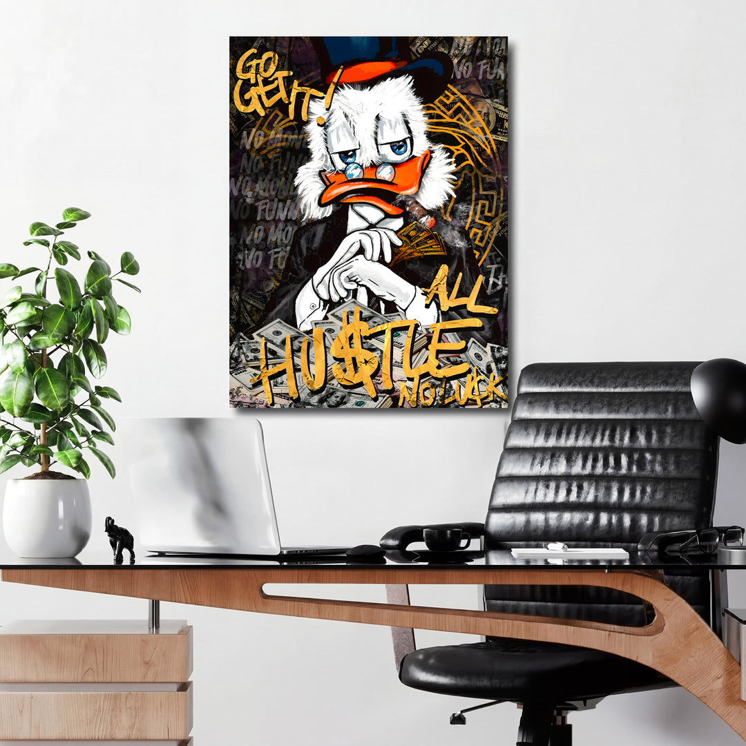 Motivační pop art obraz na plátně s kachnou v cylindru, graffiti nápisy a motivem peněz v kanceláři